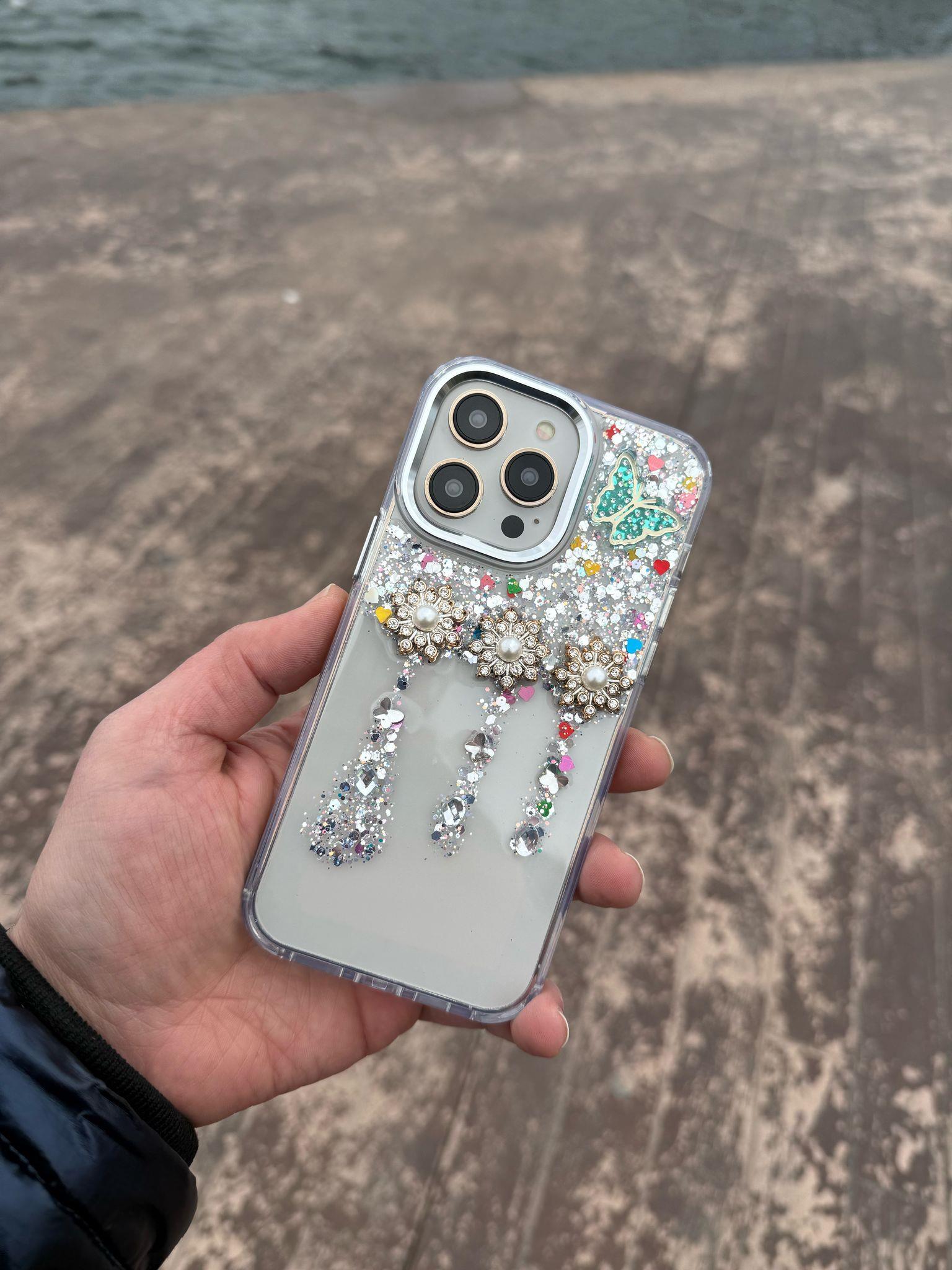 Kelebek Tasarım Taşlı Simli Silikon Telefon Kılıfı Desen-3