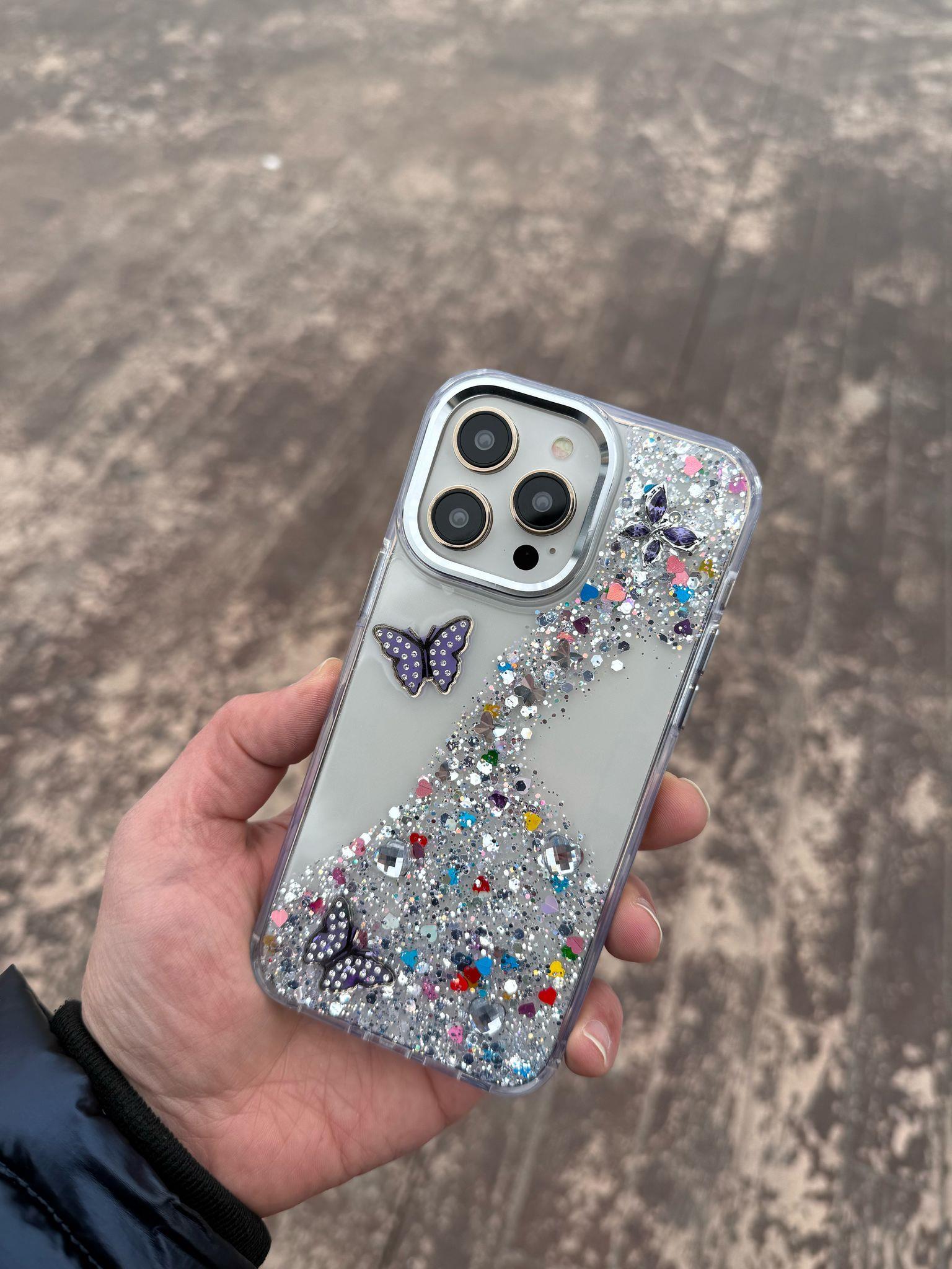 Kelebek Tasarım Taşlı Simli Silikon Telefon Kılıfı Desen-4