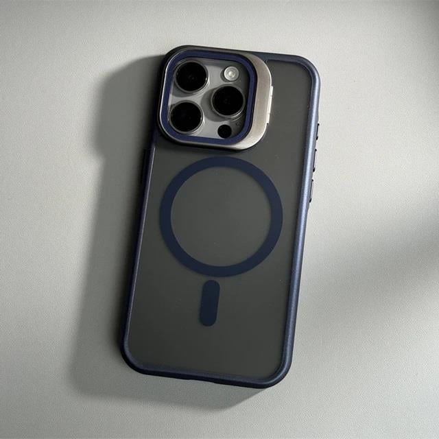 Kingtech Kamera Kısmı Cam Kapaklı Standlı Magsafe Telefon Kılıfı Lacivert Renkli