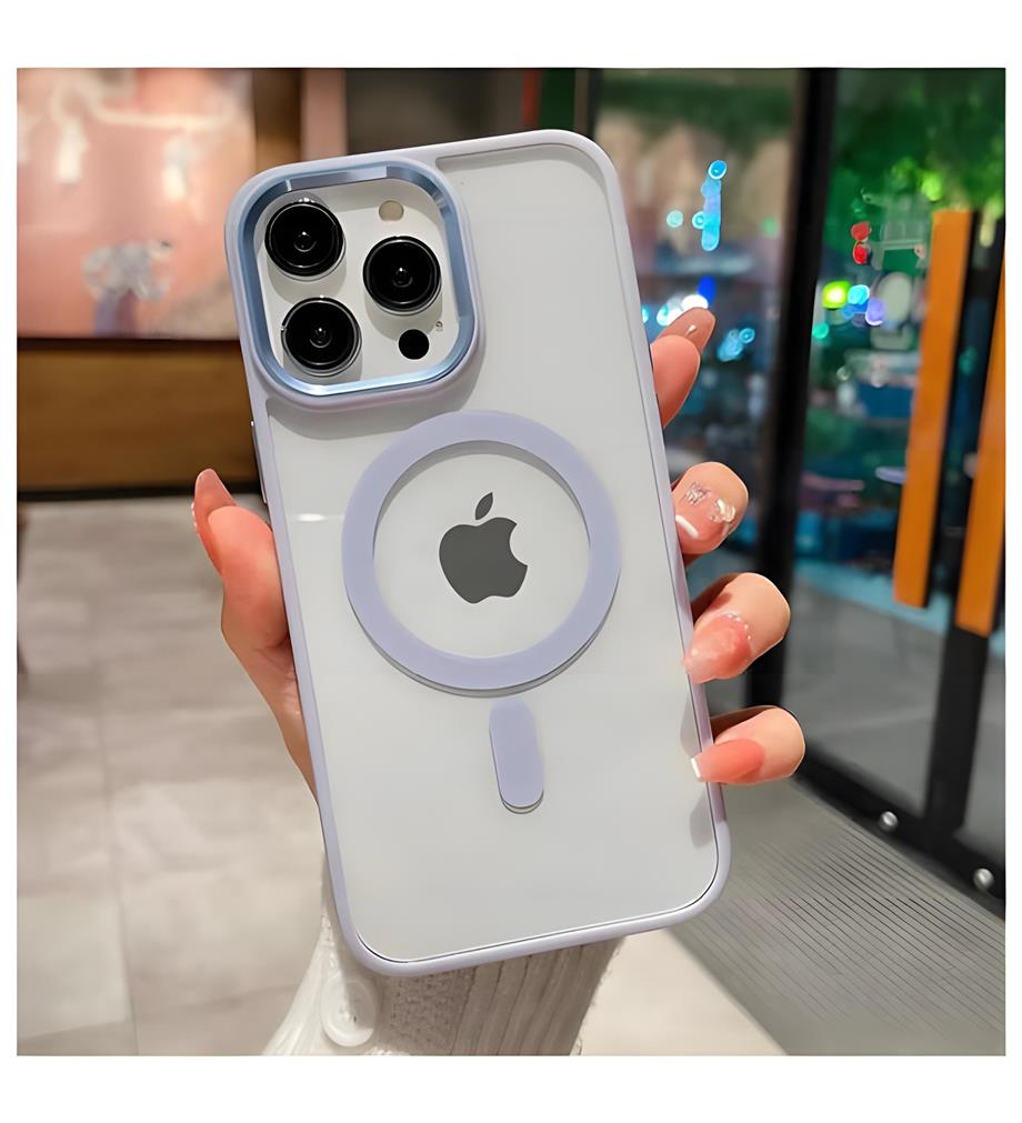 Krom Çerçeveli Metal Tuşlu MagSafe Özelikli Kenarları Renkli Telefon Kılıfı Lila