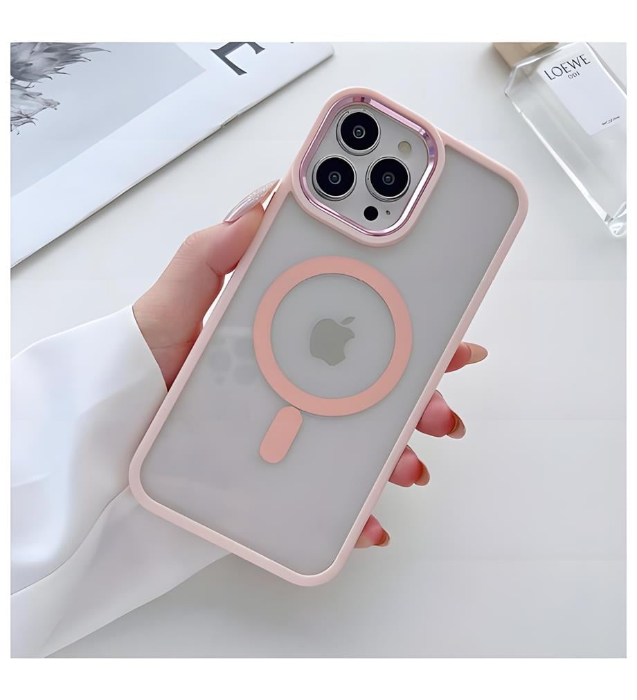 Krom Çerçeveli Metal Tuşlu MagSafe Özelikli Kenarları Renkli Telefon Kılıfı Pembe