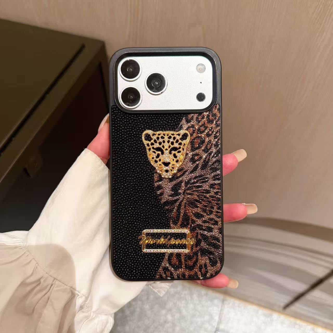 Luxury Leopar İnci Motifli Kılıf Siyah Renkli