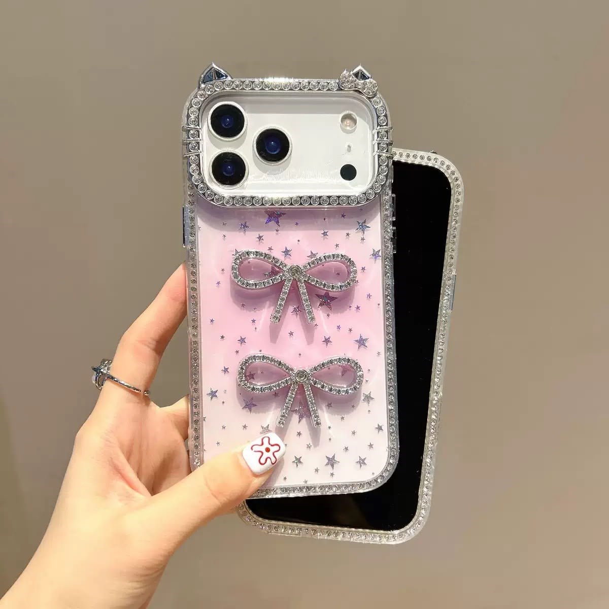 Luxury Simli Fiyonklu MagSafe Özellikli Kılıf Pembe Renkli