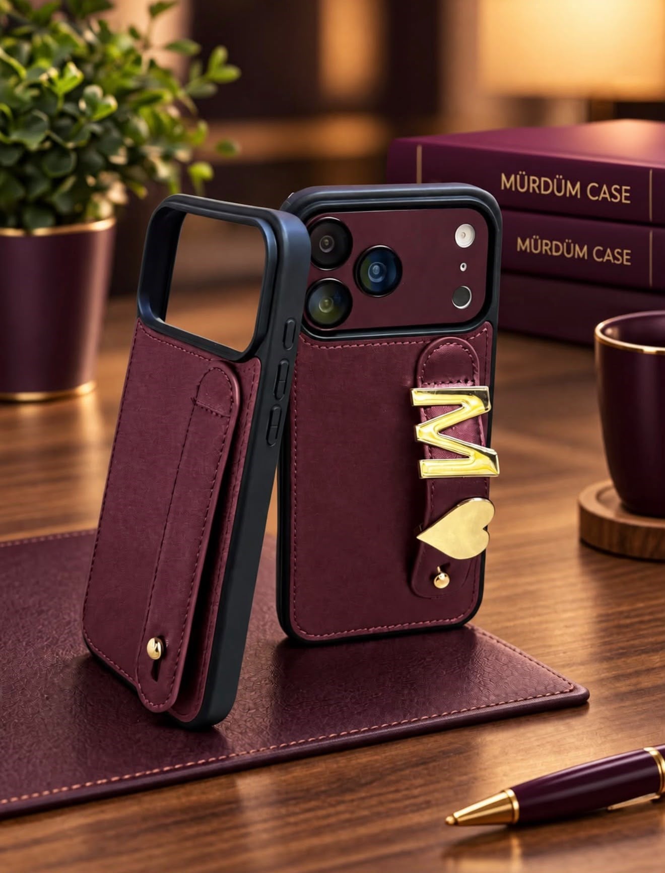Madamcase Kişiye Özel El Geçmeli Premium Bordo Renk Telefon Kılıfı ve 2 adet metal aksesuar (harf veya sembol) 