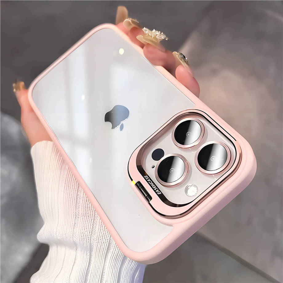 Metal Çerçeveli Kamera ve Lens Korumalı Standlı Telefon Kılıfı  Pembe Renkli