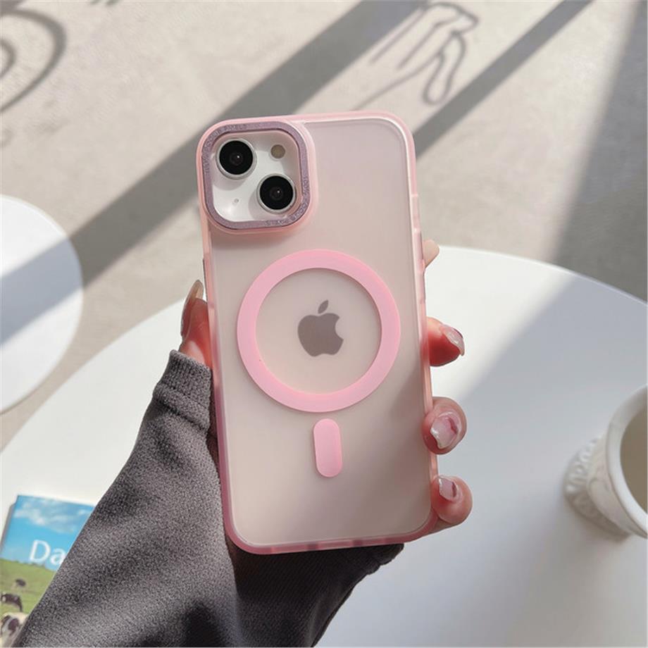 Metal Çerçeveli Metal Tuşlu Transparan Darbeye Dayanıklı Magsafe Kılıfı Pembe