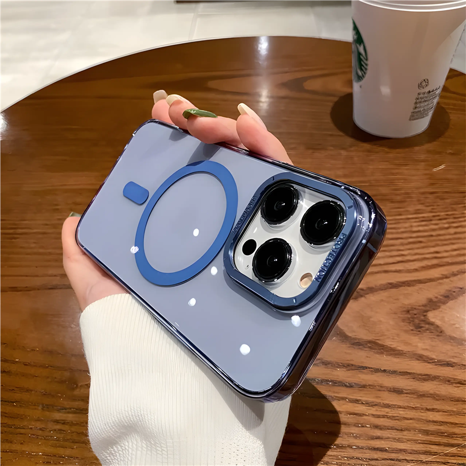 Metal Tuşlu Metal Çerçeveli Sararmayan Magsafe Telefon Kılıfı Mavi Renkli