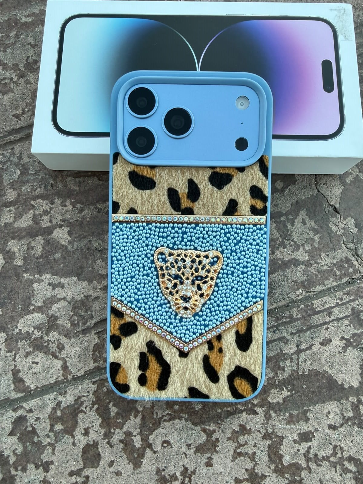 NewLeo Luxe Leopar Motifli Taşlı Kılıf Mavi Renkli