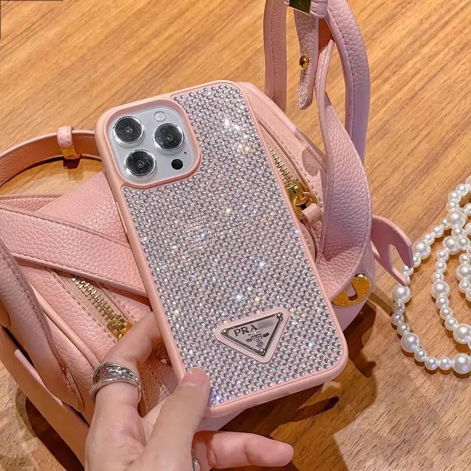 Prada Luxury Taşlı Silikon Telefon Kılıfı Pembe Renkli