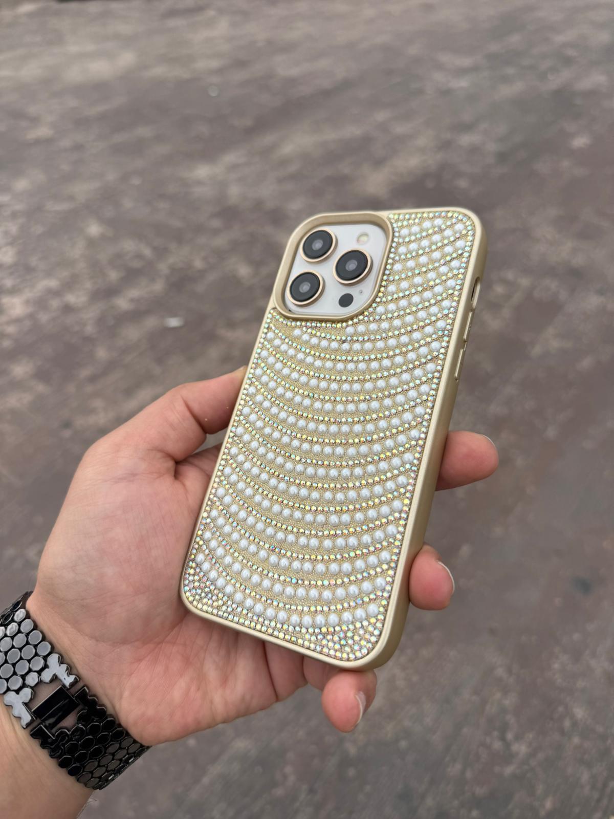 Puloka İnci Taşlı Silikon Telefon Kılıfı Gold Renkli
