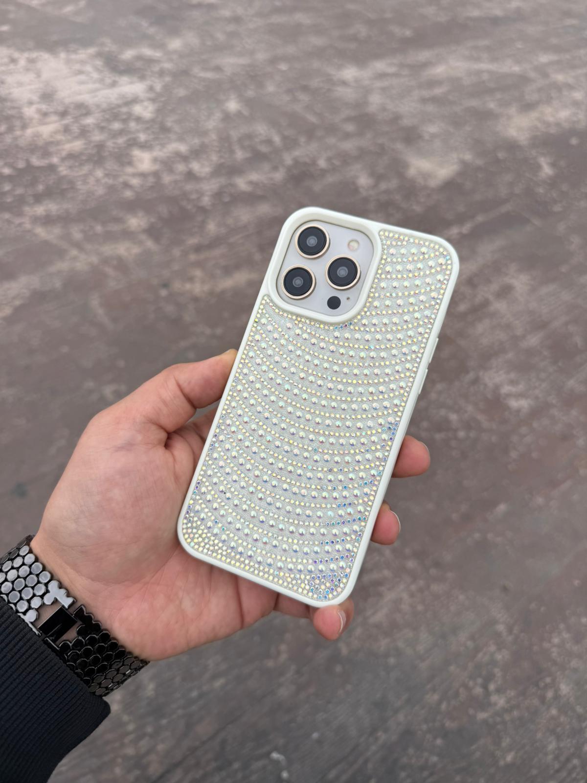 Puloka İnci Taşlı Silikon Telefon Kılıfı Beyaz Renkli