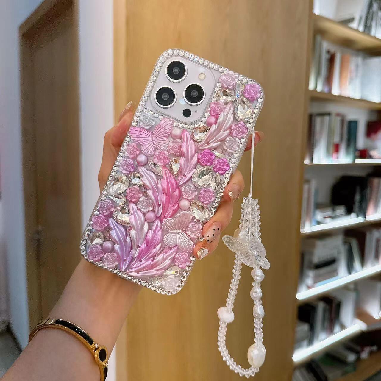 Sarmaşık Taşlı İnci Bileklikli Telefon Kılıfı Pembe Renkli
