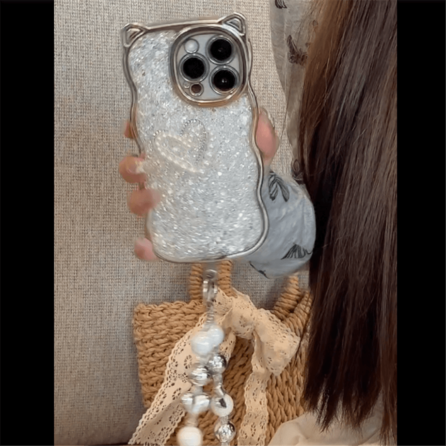 Simli Kalpli İnci Motifli Bileklikli Gümüş Telefon Kılıfı