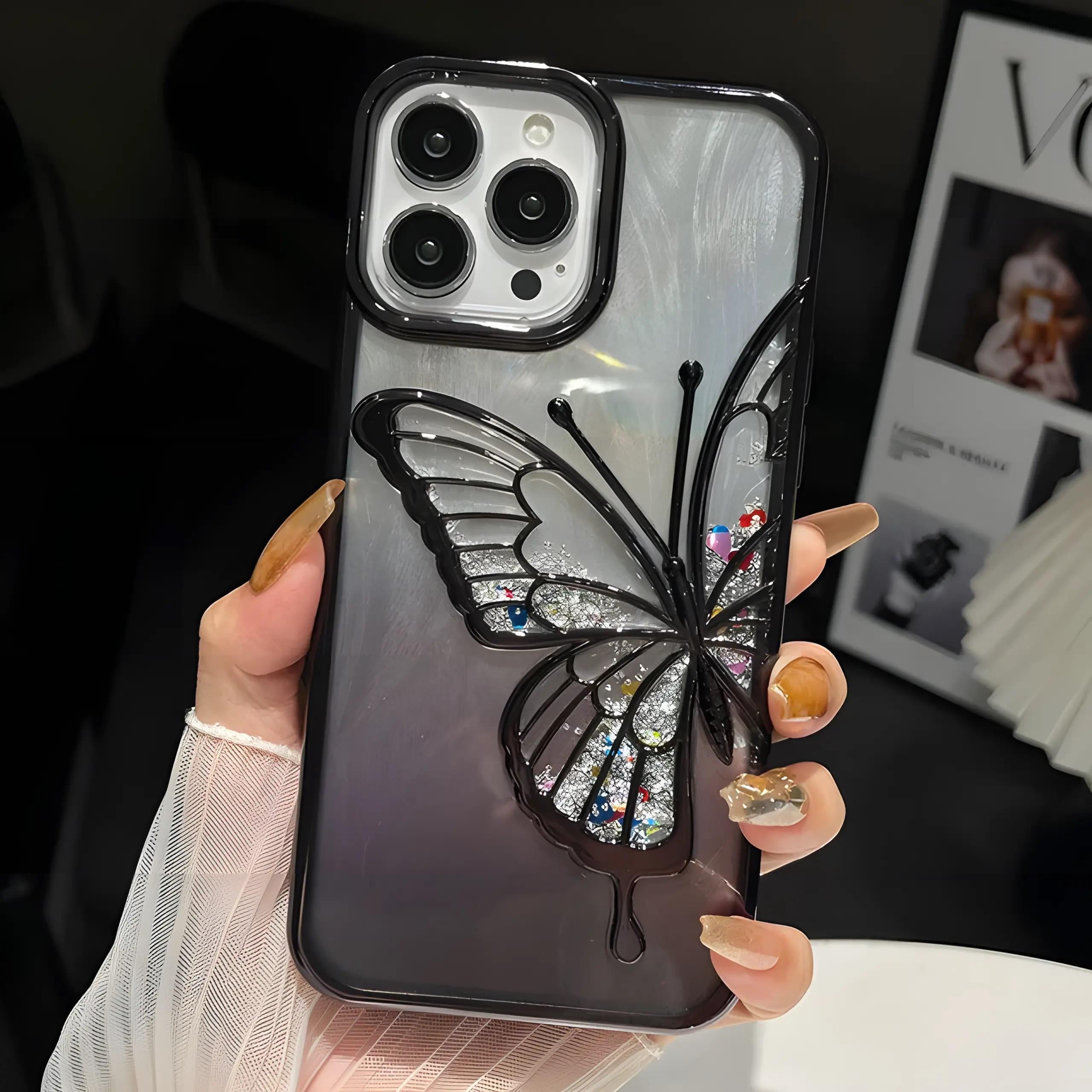 Sulu Simli Kelebek Tasarımlı Telefon Kılıfı Siyah Renkli