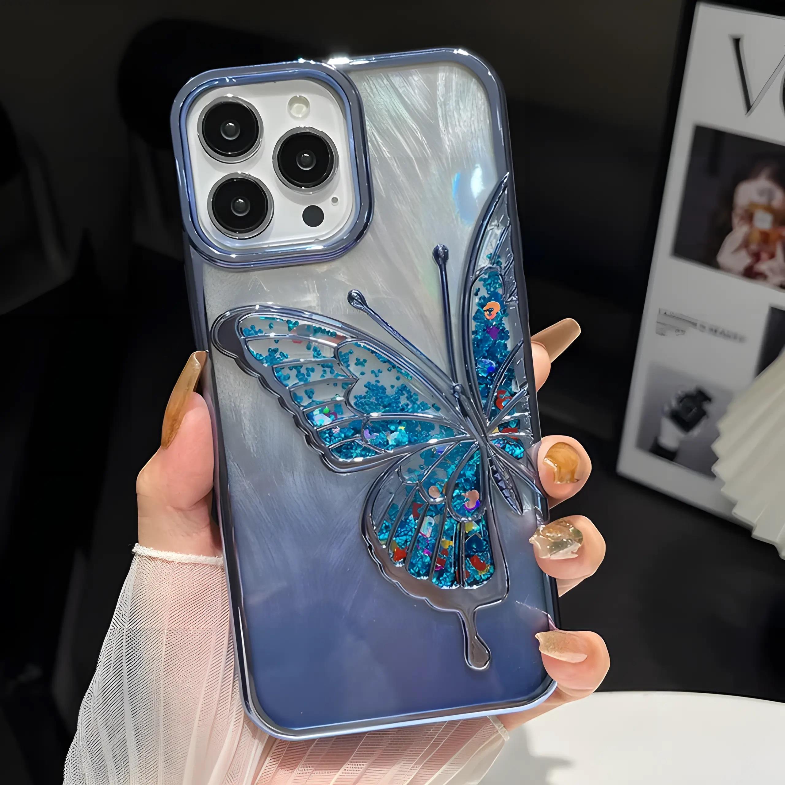 Sulu Simli Kelebek Tasarımlı Telefon Kılıfı Mavi Renkli
