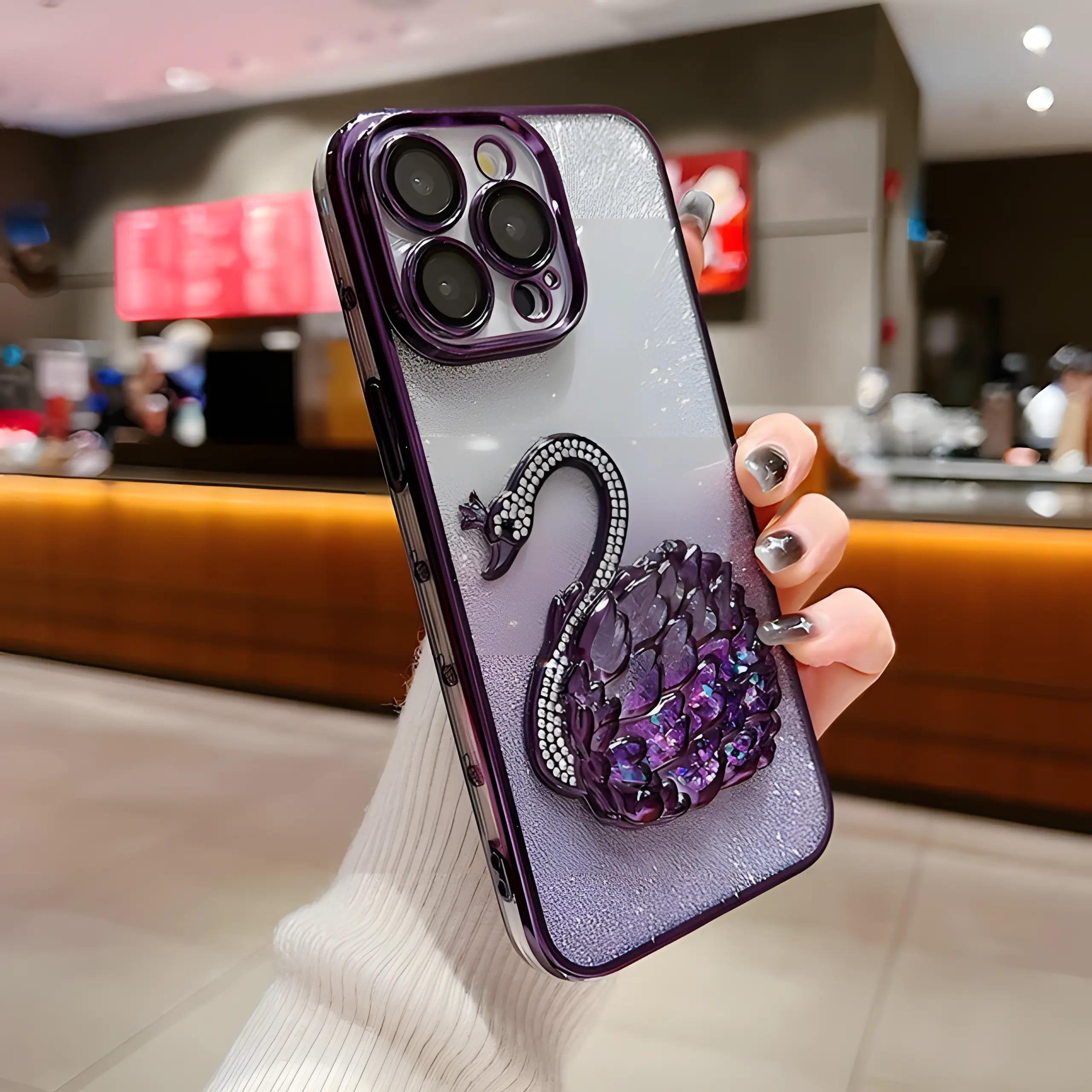 Sulu Simli Kuğu Tasarımlı Telefon Kılıfı Mor Renkli