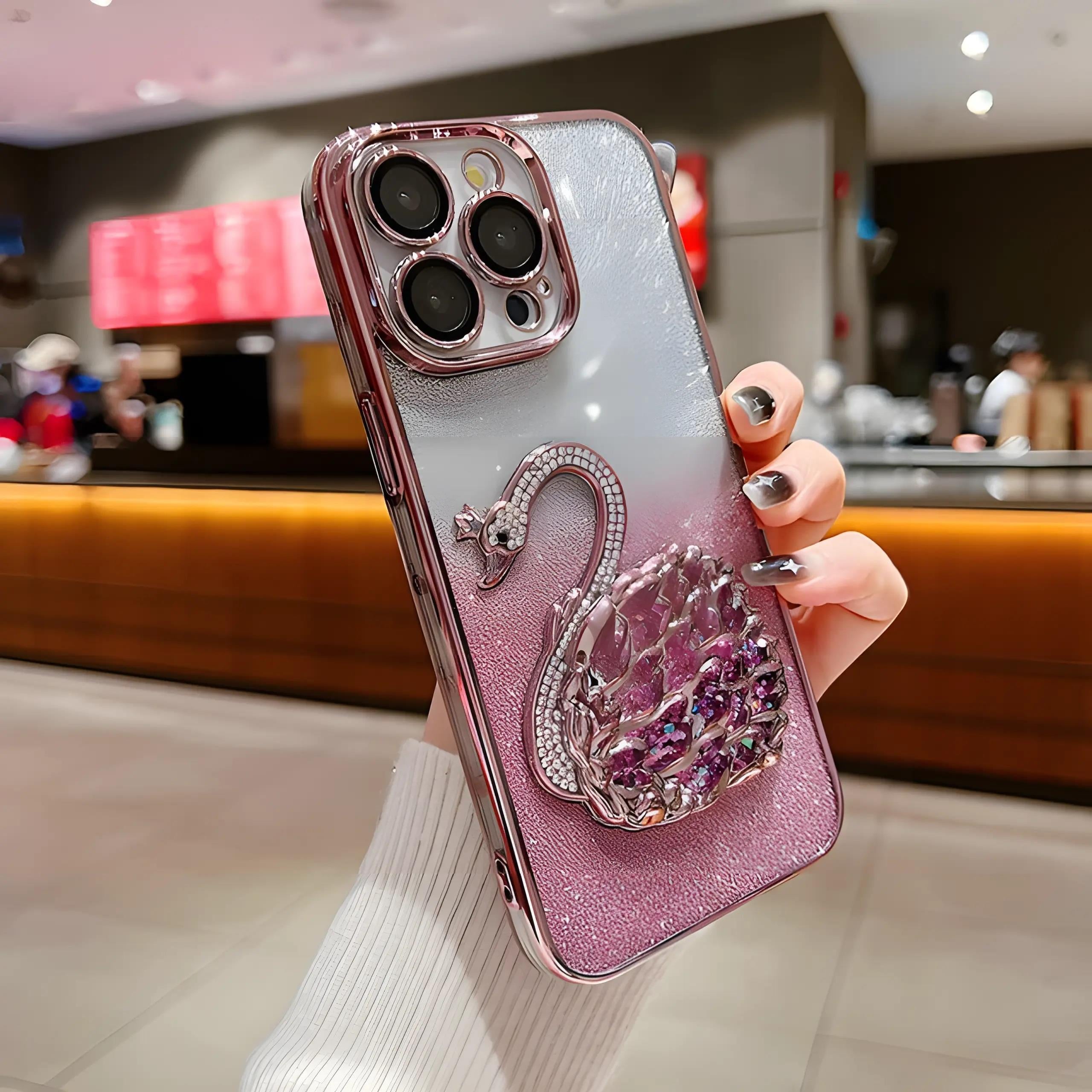 Sulu Simli Kuğu Tasarımlı Telefon Kılıfı Pembe Renkli