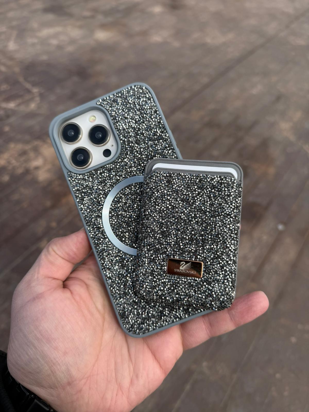 Swaroski Taşlı Magsafe Özelikli Kartlıklı TİTANYUM renk Telefon Kılıfı