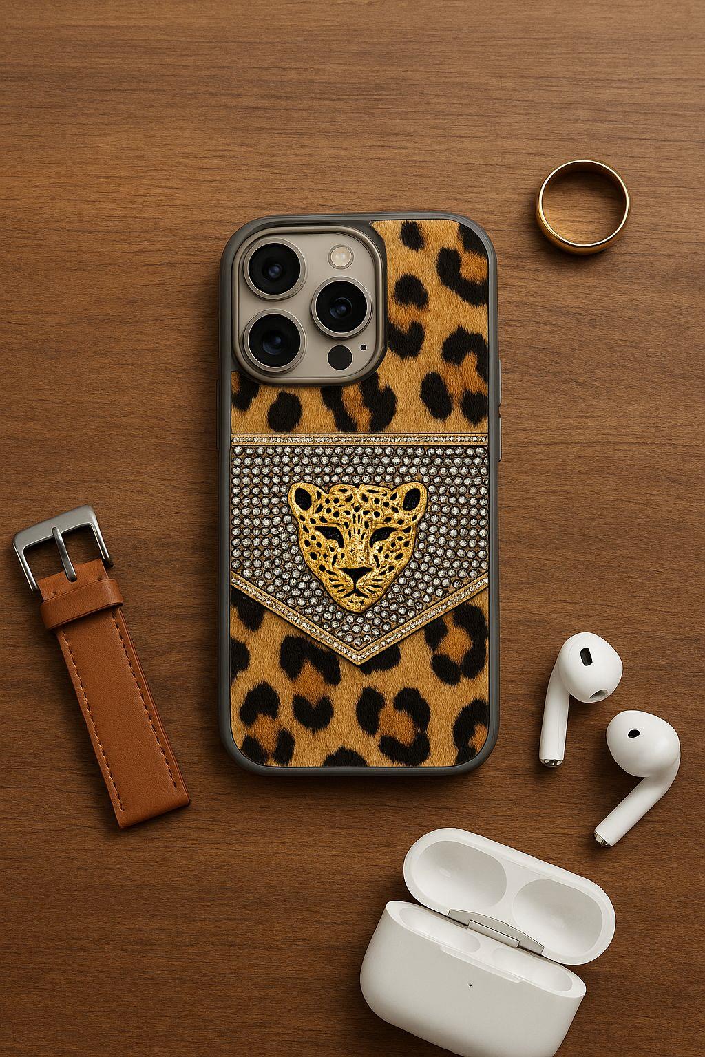 Tüylü Gri Renk Leopar Diamond Luxury Kılıflar