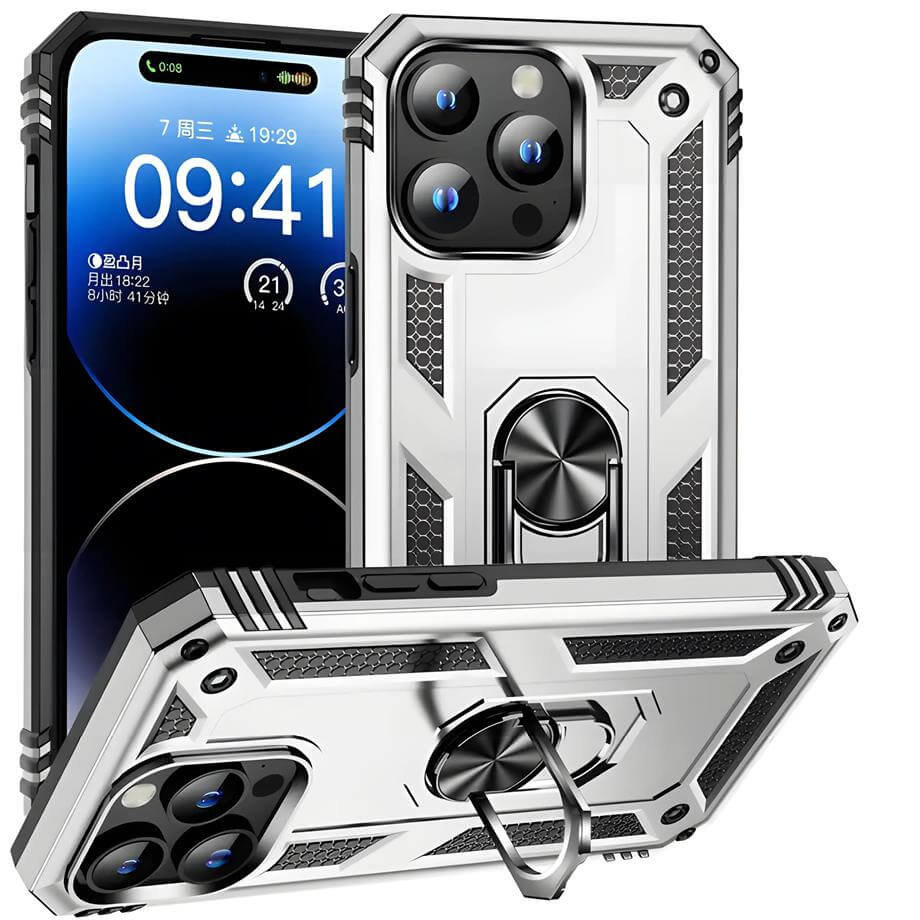 Yüzüklü Standlı Vega Tank Silikon Telefon Kılıfı Gümüş Renkli