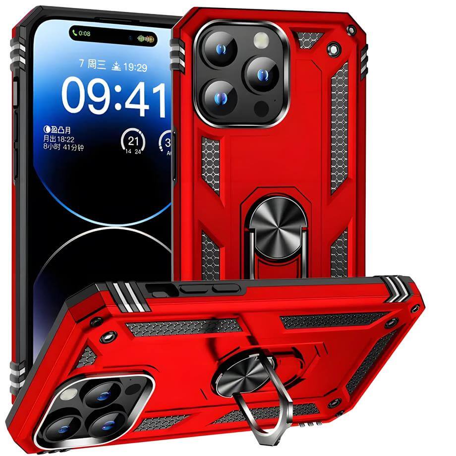 Yüzüklü Standlı Vega Tank Silikon Telefon Kılıfı Kırmızı Renkli