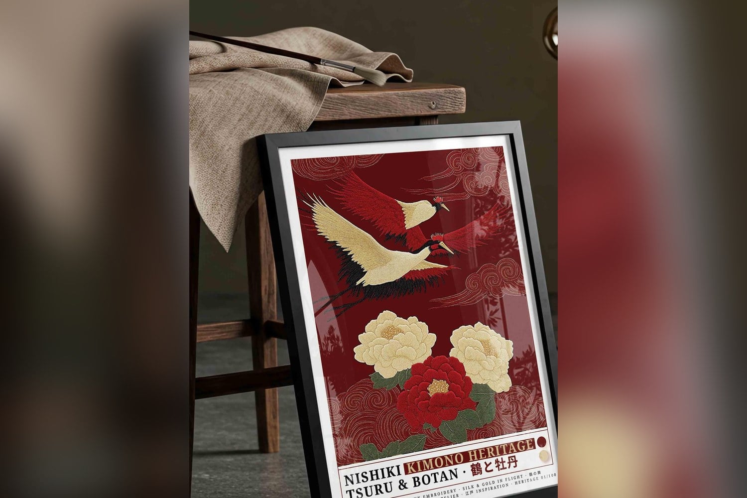 Siyah çerçeveli kırmızı zeminli NISHIKI turna ve şakayık tablosu