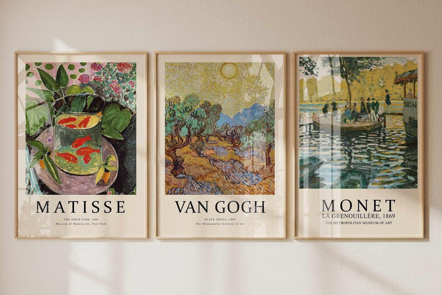 Ahşap çerçeveli Matisse, Van Gogh ve Monet müze posteri seti