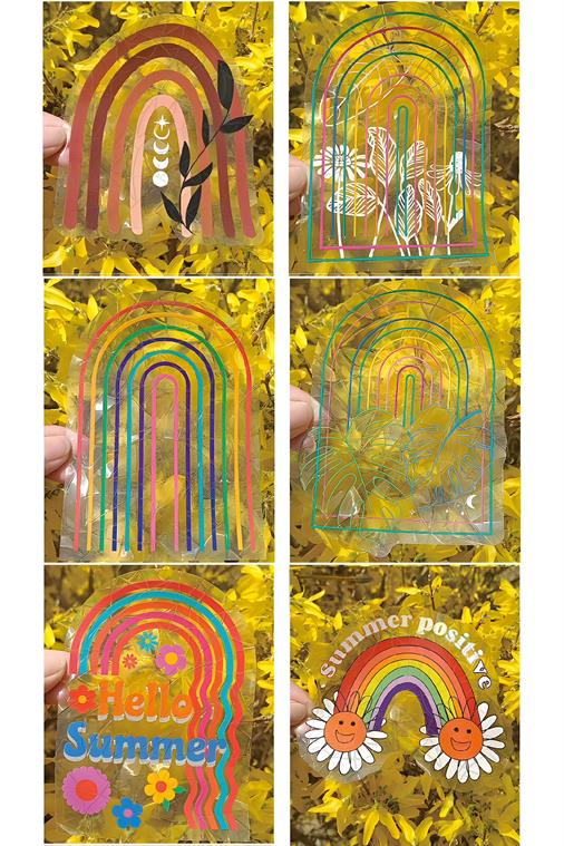 6'lı Holografik Gökkuşağı Güneş Yakalayıcı Sticker Seti - Boho, Minimalist, Yaz Temalı Pencere Çıkartmaları