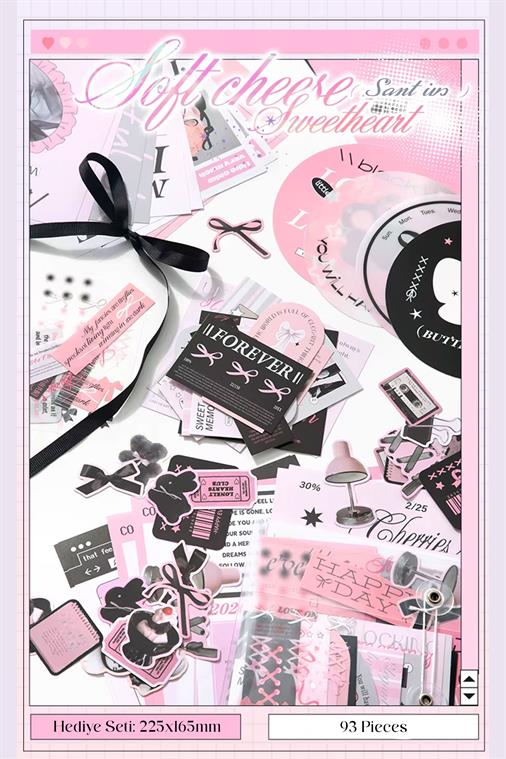 Bullet Journal ve Scrapbook Seti - 101 Parça Pembe Siyah Sweet Cool ve Coquette Temalı Sticker Kiti