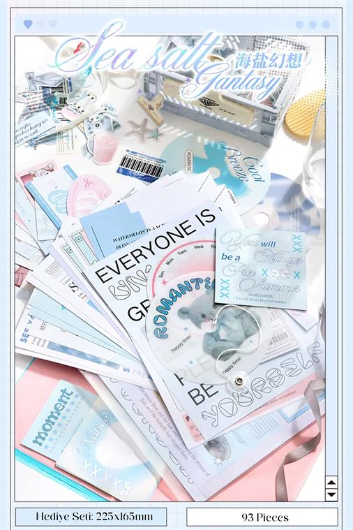 Bullet Journal ve Scrapbook Seti - 101 Parça Mavi Coquette Ayıcık ve Deniz Temalı Sticker Kiti