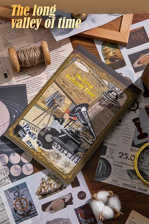 Bullet Journal ve Scrapbook Sticker Seti - 50 Sayfa Vintage Seyahat ve Retro Obje Temalı Ajanda Süsleme