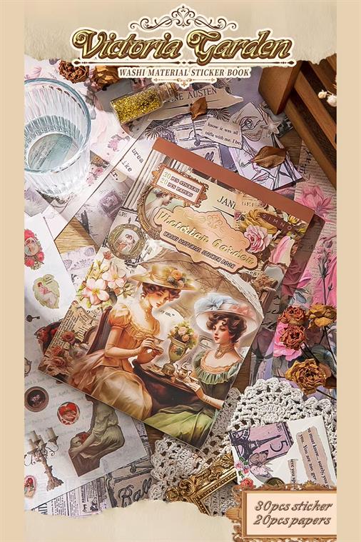 Bullet Journal ve Scrapbook Sticker Seti - 50 Sayfa Victoria Dönemi ve Çiçek Temalı Ajanda Süsleme
