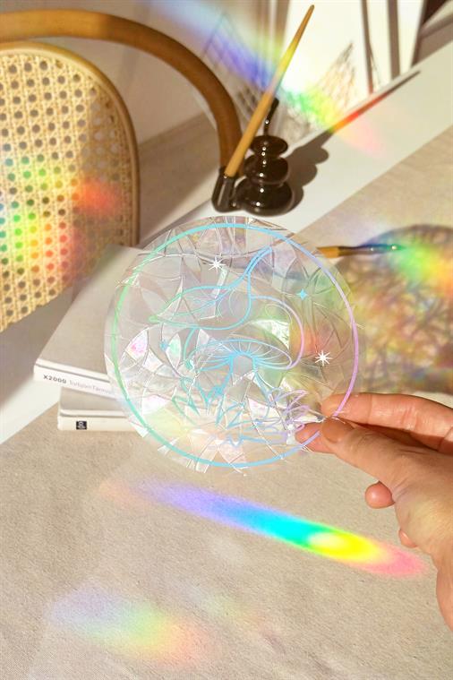 Holografik Botanik Mantar Sun Catcher Sticker - Minimalist Gökkuşağı Pencere Filmi