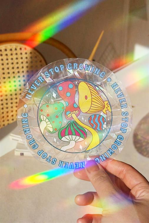 Holografik "Never Stop Growing" Mantar Sun Catcher - İlham Verici Pencere Filmi