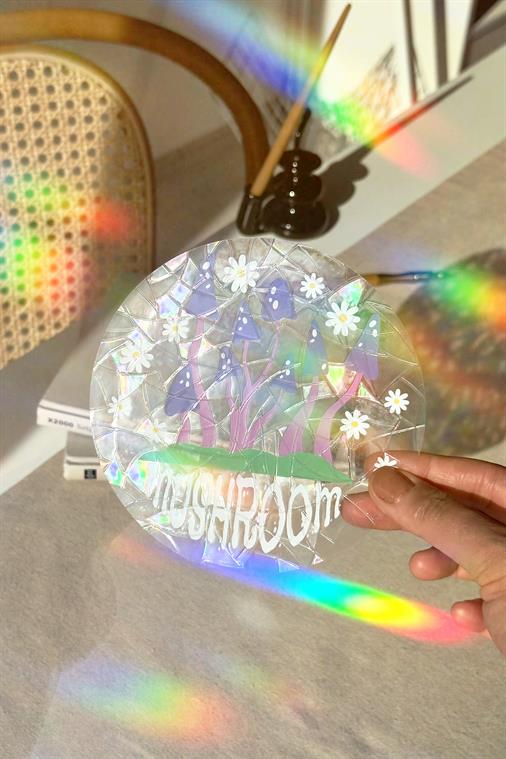 Holografik Papatyalı Mushroom Sun Catcher - Doğal Gökkuşağı Pencere Filmi