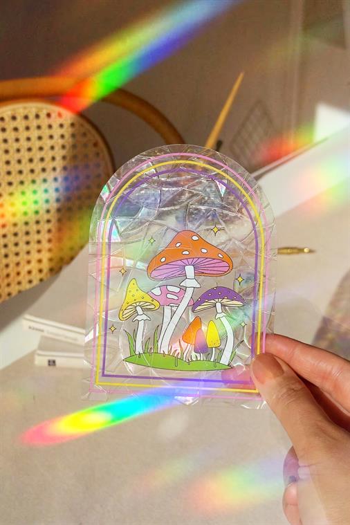 Holografik Renkli Mantar Sun Catcher Sticker - Retro Gökkuşağı Pencere Filmi