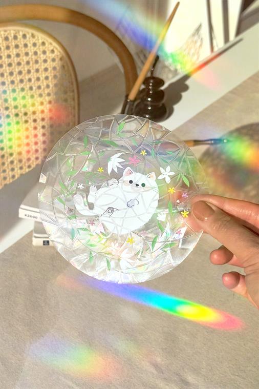 Holografik Sevimli Kedi Sun Catcher Sticker - Çiçek Bahçesi Gökkuşağı Pencere Filmi