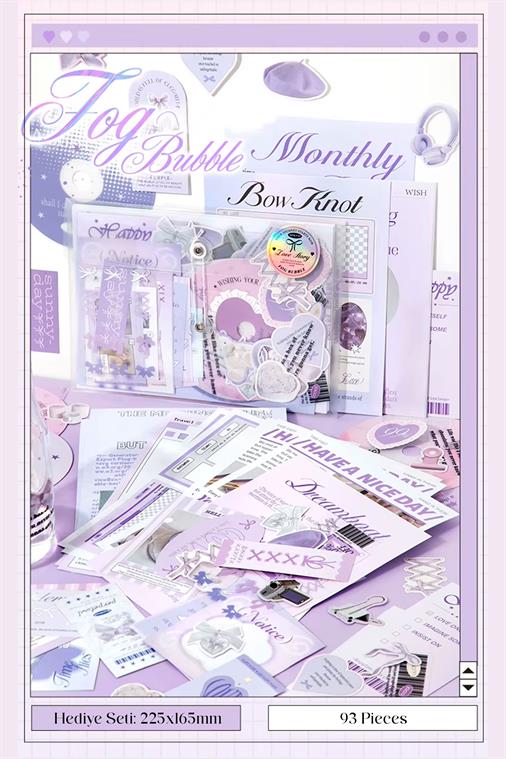 Journal ve Scrapbook Seti - 101 Parça Mor Coquette Tavşan Temalı Sticker ve Kağıt Kiti