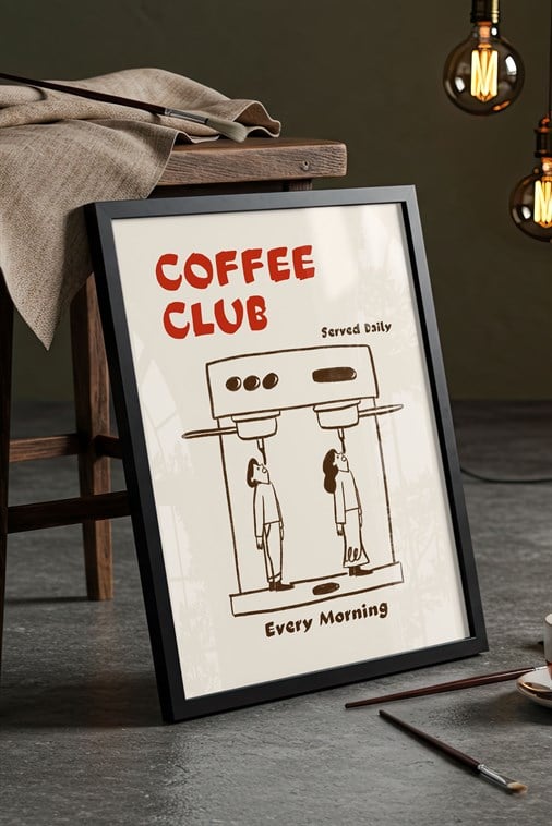 Minimalist Coffee Club Kahve Makinesi Çizimi - Siyah Çerçeveli Esprili Mutfak Tablosu