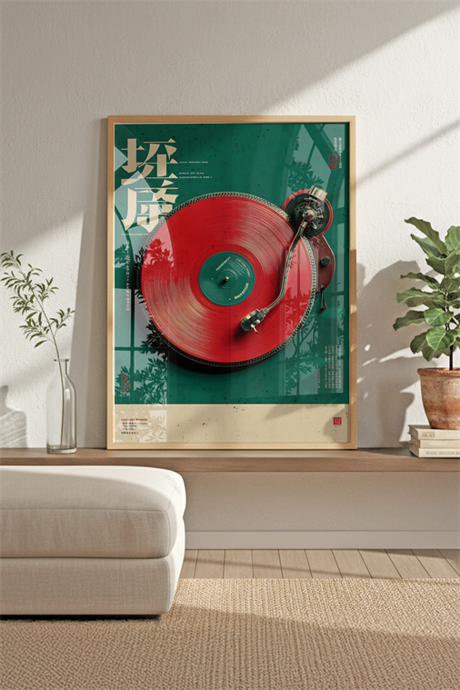 Retro Vinyl & Pikap Esintisi - Ahşap Çerçeveli Tablo