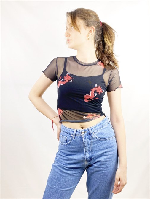 Siyah Ejderha Tül Crop Body
