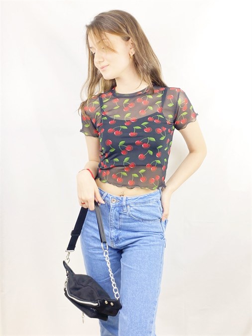 Siyah Kiraz Tül Crop Body