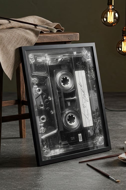 Vintage Siyah Beyaz Kaset Tablosu - Siyah Çerçeveli Retro Müzik Posteri