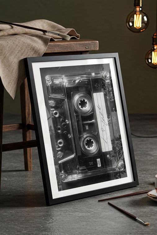 Vintage Siyah Beyaz Kaset Tablosu - Siyah Çerçeveli Retro Müzik Posteri