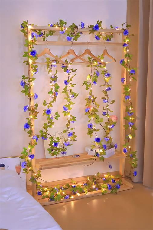 Yapay Lavanta Rengi Gül Sarmaşığı ve 3 Metre LED Işık Seti - Yapay Çiçek Sarmaşık - Romantik Ambiyans!