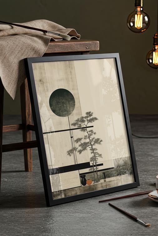 Zen Esintisi: Minimalist Japon Ağacı - Siyah Çerçeveli Tablo