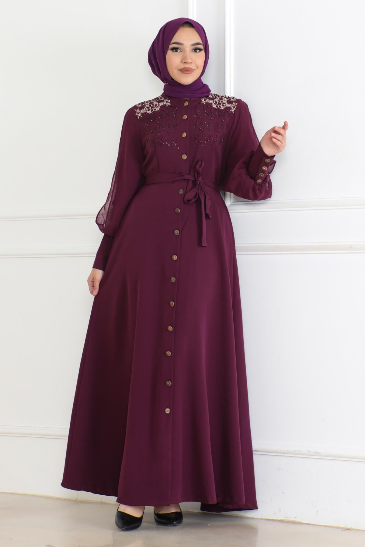 Düğme Detaylı Elbise Mürdüm 6118
