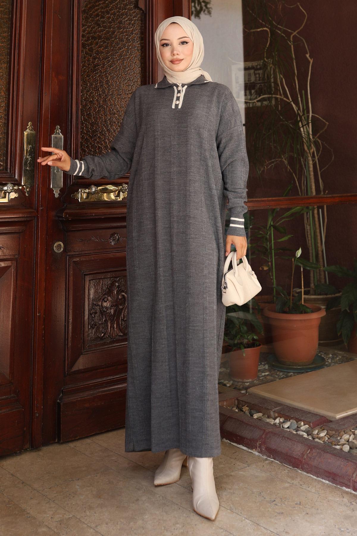 Düğme Detaylı Triko Elbise Gri 6153