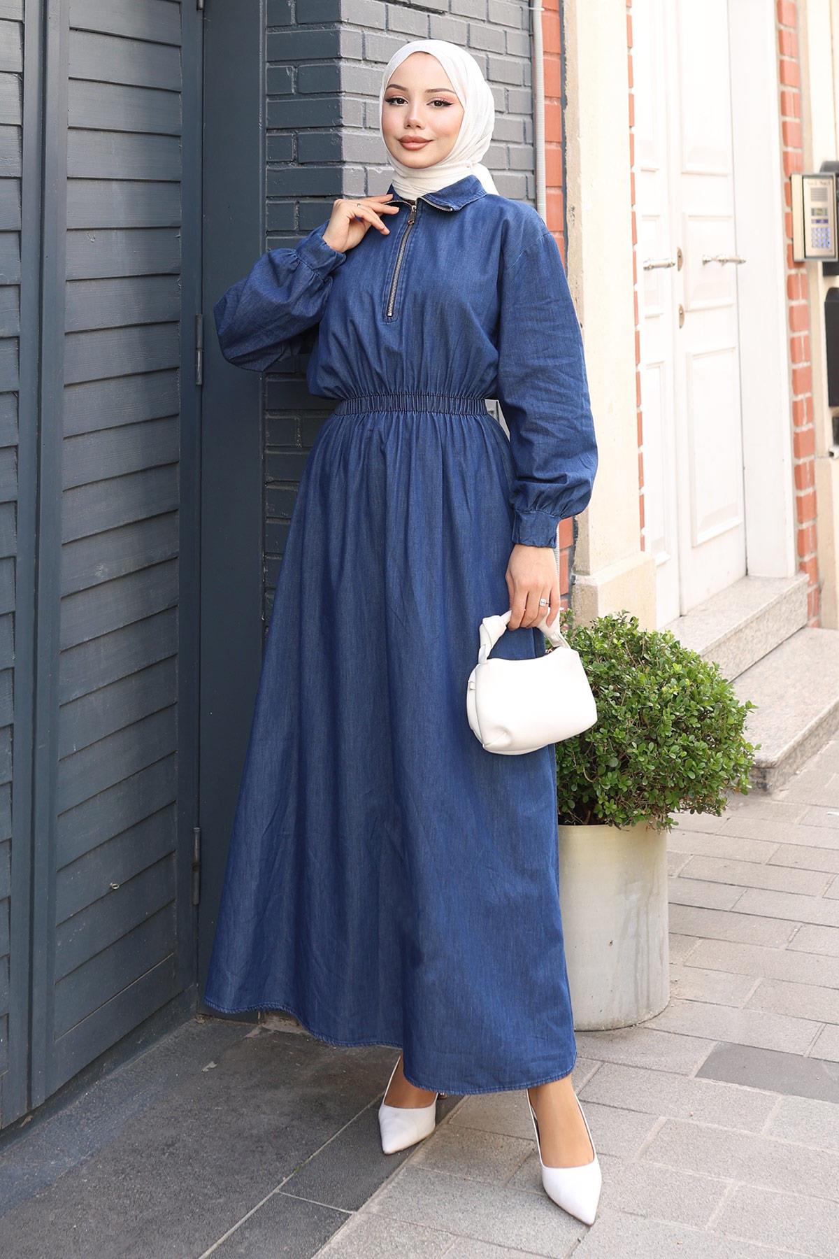 Fermuarlı Beli Lastikli Kot Elbise Koyu Kot MSV19240