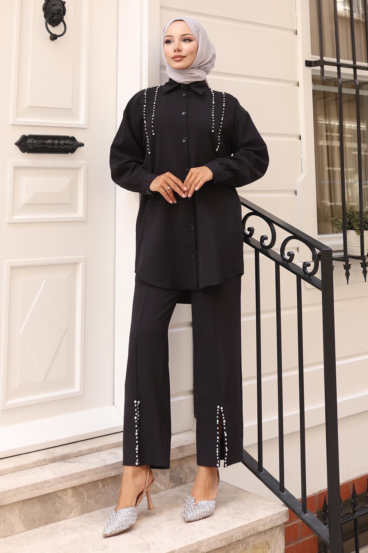 İnci Detaylı Takım Siyah 19259
